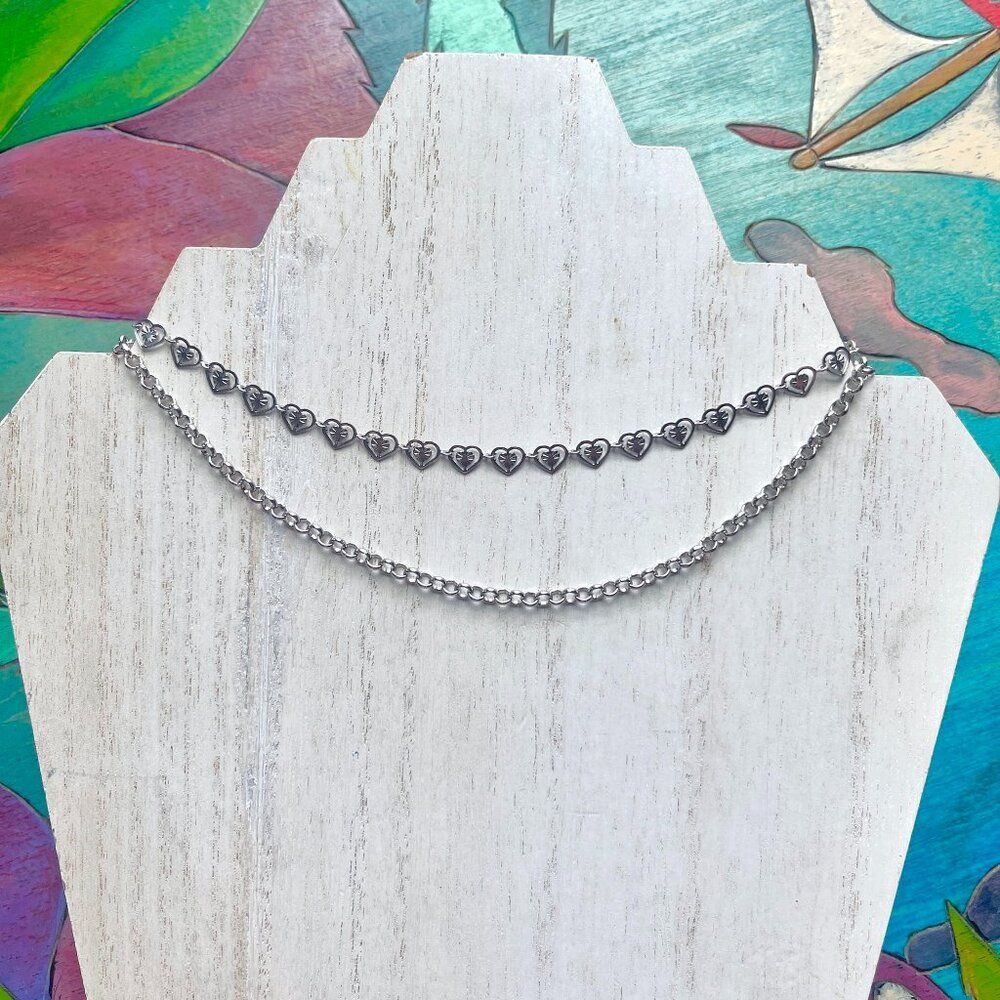 Silver Heart Chain Choker Layer Necklace